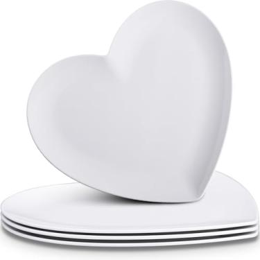 Imagem de FillTouch 4 peças, pratos de melamina em forma de coração, 24 cm, pratos de jantar de coração para dia dos namorados, aniversários, chás de panela, chás de bebê (branco)