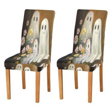 Imagem de Qilmy Conjunto de 2 capas elásticas para cadeira de jantar Halloween Boo, laváveis e removíveis, para sala de jantar, cozinha, hotel, banquete, festa, protetores de cadeira