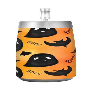 Imagem de Qilmy Cinzeiro de aço inoxidável padrão de Halloween com tampa - Cinzeiro de cigarro à prova de vento sem cheiro sem fumaça para casa, escritório, carro, pátio, varanda (uso interno e externo)