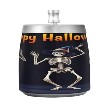 Imagem de Qilmy Cinzeiro de aço inoxidável com moldura de esqueleto de Halloween com tampa - Cinzeiro de cigarro à prova de vento sem cheiro sem fumaça para casa, escritório, carro, pátio, varanda (uso interno