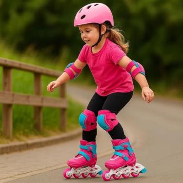 Imagem de Patins Infantil 4 Rodas Kit Proteção Capacete Joelheira Cotoveleira Menina Rosa Presente Criança