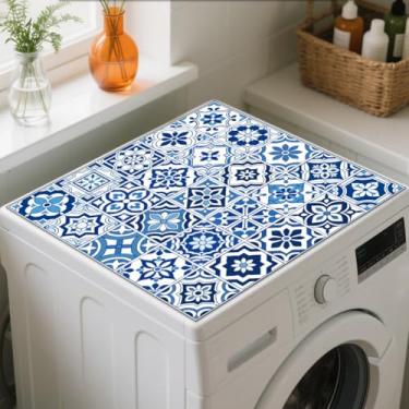 Imagem de GLOBLELAND Azulejos Azuis Vintage Lavadora e Secadora Tapete de Cobertura de Poeira 59,9 x 59,88 cm Almofadas Protetores de Topo de Máquina de Lavar Roupa Antiderrapante para Lavandaria Mesa de
