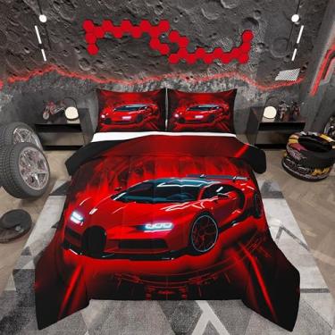 Imagem de jejeloiu Conjunto de edredom de carro de corrida, solteiro, para crianças, meninos, meninas, esportes radicais, decoração de quarto de automóvel, microfibra, 2 peças com 1 fronha