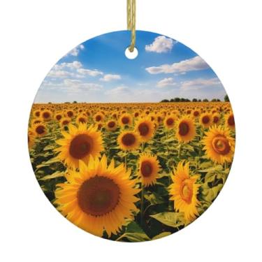 Imagem de Girassóis amarelos 1 estampa de cerâmica de Natal pendurada redonda, pingentes de porcelana, decoração criativa de Natal