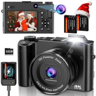 Imagem de Câmera digital 4K para fotografia e vlog, câmera de vídeo YouTube compacta de 64 MP com lente dupla IPS de 3 polegadas selfie antivibração, zoom de 16x, flash, cartão de 32 GB, 2 baterias