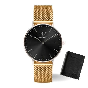 Imagem de Relógio Masculino Dourado Analógico New Port + Porta Cartão-Masculino