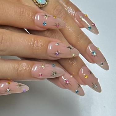Imagem de Almond Press on Nails Medium French Tip, Star reutilizável gel stick on nail press on nail kit de unhas, qualidade de salão, 24 peças