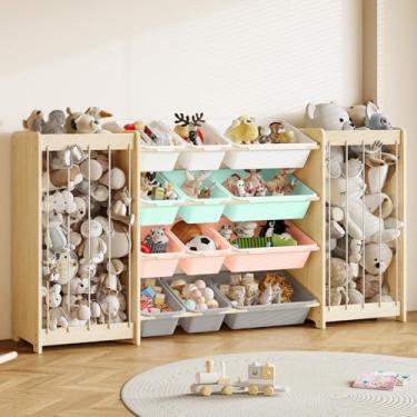 Imagem de Organizador grande de armazenamento de brinquedos, armazenamento de animais de pelúcia de madeira e organizador de brinquedos com 12 compartimentos, suporte de brinquedo de pelúcia dupla face com