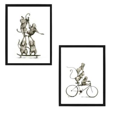 Imagem de Quadro Macaquinhos Esportistas Moldura Preta 24X18Cm 2 Peças