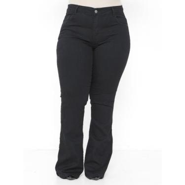 Imagem de Calça Flare Jeans Feminina Plus Size Preta cintura alta com lycra boca
