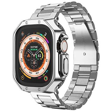 Imagem de Pulseira masculina compatível com Apple Watch Ultra, 3/2/1, corrente de metal de aço inoxidável com capa de TPU, pulseira para relógio inteligente para i-Watch Ultra, 49 mm, prata