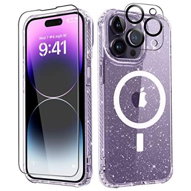 Imagem de MIODIK Capa magnética com glitter para iPhone 14 Pro Max com protetor de tela + protetor de câmera, [compatível com MagSafe] [não amarela] Capa protetora à prova de choque feminina fina de 6,7 polegadas (transparente)