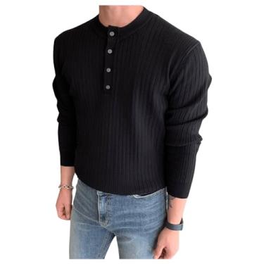 Imagem de COZYEASE Pulôver masculino de meio botão, suéter de malha canelado, manga comprida, gola e outono, camisetas, Preto, Medium