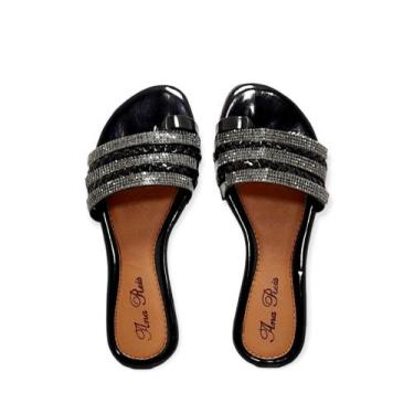Imagem de Rasteirinha feminina tiras com strass sandália - ana reis, Preto, 38
