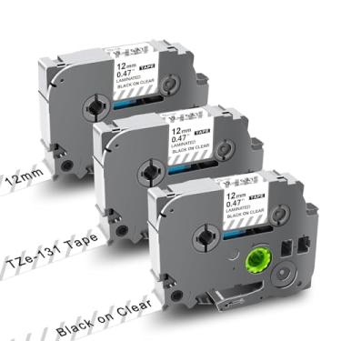Imagem de Compatível com fita adesiva transparente de substituição para Brother P-Touch Clear Label Tape TZe131 TZe-131, fita laminada Tze preta em transparente 12 mm 0,47 para Ptouch PT-D210 PT-H110, etiquetador com 3 pacotes