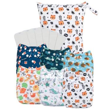Imagem de babygoal Pacote de 13 fraldas de pano grandes para crianças de 3 a 5 anos, pacote com 6 capas de fraldas com 6 peças de inserções e bolsa úmida, reutilizáveis, laváveis e impermeáveis 6ZFB12-ZMB-B