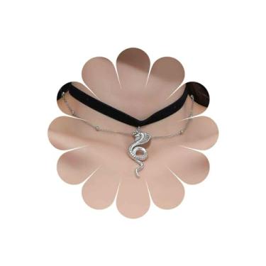 Imagem de Sttiafay Colar gótico em camadas com pingente de cobra de veludo, colar curto de fita preta, colar de veludo preto, contas de prata, corrente de satélite, joia feminina, Zinco, Sem Pedra Preciosa