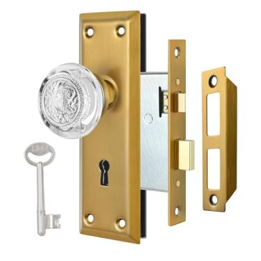 Imagem de ToPToToo Conjunto de fechadura de encaixe para porta interior, maçanetas de vidro com fechadura, substituição de maçaneta de porta estilo antigo, fechadura de porta antiga vintage com chave de