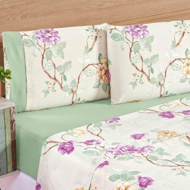 Imagem de Jogo De Lençol Queen 200 Fios Estampado 4 Peças Naturalle Verde Floral