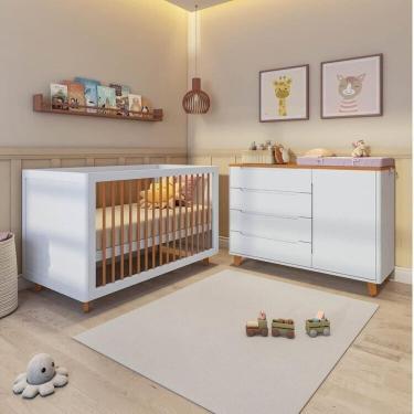 Imagem de Conjunto Berço e Cômoda em Tampo Madeira Maciça Baby Tubbi Casatema Branco/Caramelo