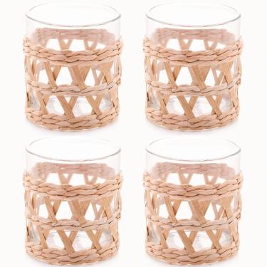 Imagem de Conjunto 4 Copos de Vidro Wolff Baixos com Sisal 320ml Fibra Natural Mesa Posta Rústica