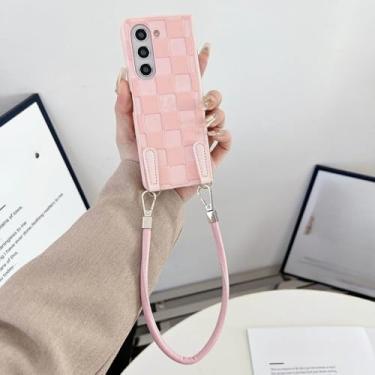 Imagem de Capa de couro PU com alça de pulso xadrez para Samsung Galaxy Z Fold 6 Fold 5 4 Fold 3 5G capa de proteção, rosa, para Samsung Galaxy Z Fold6