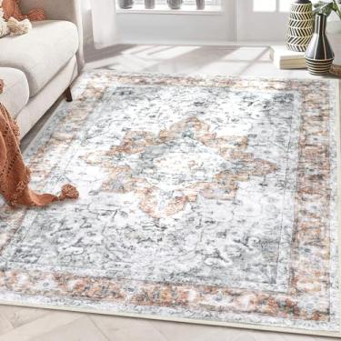 Imagem de COMSLE Tapete de área Boho 1,2 m x 1,82 m Tapetes para sala de estar Tapetes de área laváveis para quarto Tapetes de lã sintética envelhecidos Tapete absorvente antiderrapante laranja