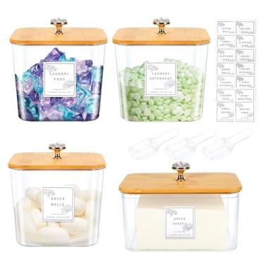 Imagem de ASMALAM Pacote Com 4 Recipientes De Armazenamento Para Organização Lavanderia, Potes Acrílico E Recipiente Lençóis Secadora Tampas Etiquetas Detergente Roupas, Cápsulas Secos