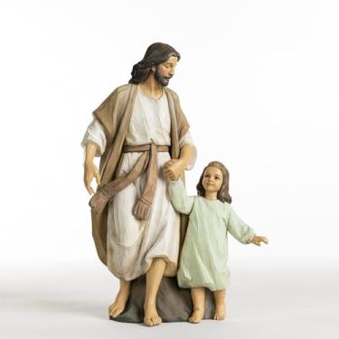 Imagem de ShineOnAngel Escultura Jesus Cristo com menina, Ele anda comigo, estátua de primeira comunhão pintada à mão, decoração de casa moderna religiosa, estatuetas cristãs, 24 cm