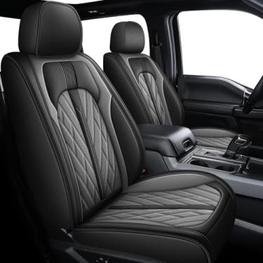 Imagem de TTX LIGHTING Capas de assento dianteiras adequadas para Toyota Tundra Crewmax 2014-2021 Capas de assento de caminhão de couro respirável personalizadas (preto e cinza)