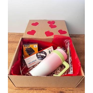 Imagem de Kit Presente Para Seu Amor com Relógio Smartwatch + Copo Térmico Inox Rosa Claro 1200ml + Fone Bluetooth, Carregador, Presente Namorados Acompanha Caixa Personalizada
