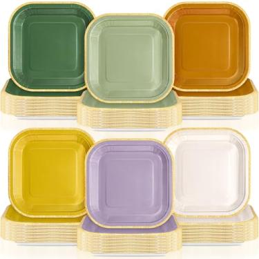 Imagem de Tiangrid 120 peças, pratos de papel para casamento, natureza, 18 cm, verde sálvia, roxo, descartáveis, pratos de sobremesa quadrados com borda dourada para aniversário, casamento, chá de bebê, artigos