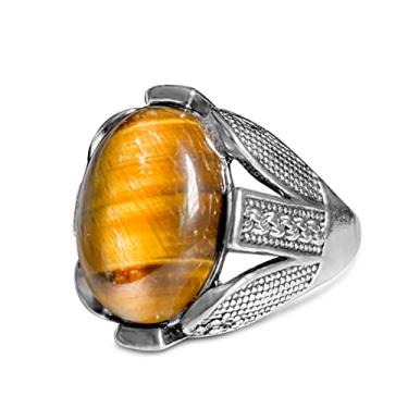 Imagem de DALEGEM Anel de pedra de olho de tigre amarelo genuíno para homens e mulheres, anel turco retrô vintage de cristal de quartzo para ela, Prata, Olho de tigre