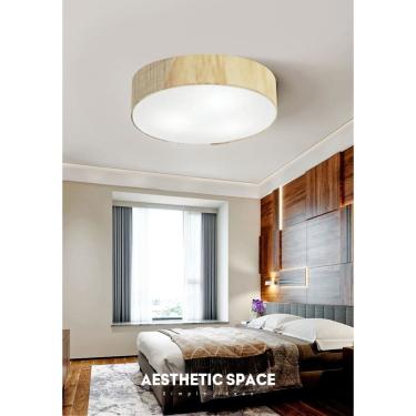 Imagem de Plafon Luminária de teto decorativa para casa, MD-3076 nórdicas em tecido e madeira 3 lâmpadas com difusor em poliestireno