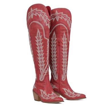 Imagem de Botas de caubói femininas até a coxa, cano largo, botas de cowgirl, bordadas, cano alto, bico fino, salto grosso, zíper lateral, acima do joelho, bota feminina, Vermelho, 37