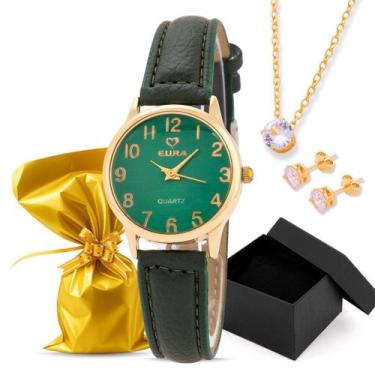 Imagem de Kit Relógio Eura Couro Dourado Colar e Brinco com Caixa Presenteavel, 