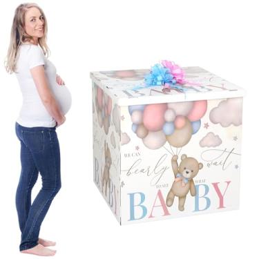 Imagem de AmazingSpark Kit de caixa de presente jumbo reveladora de gênero de 71 cm com caixa grande e laços gigantes para decoração de festa de aniversário de chá de bebê (podemos esperar muito)