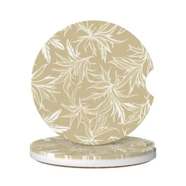 Imagem de Neukim Pacote com 2 porta-copos de carro de folha branca bege, 6 cm, folhas florais boêmias, antiderrapante, porta-copos absorventes de cerâmica com base de cortiça e entalhe de dedo, acessórios de