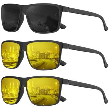 Imagem de KALIYADI Óculos de sol polarizados para homens e mulheres, óculos de sol masculinos com proteção UV para dirigir e pescar golfe (pacote com 3), (Pacote com 3) Preto/Visão Noturna/Visão Noturna, Medium