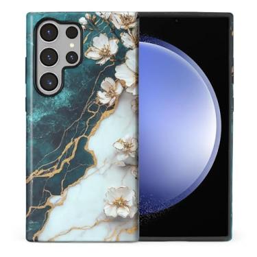 Imagem de CARLOCA Compatível com Samsung Galaxy S24 Ultra Full Body Protective Glossy Case para meninas meninos à prova de choque estética padrão azul-petróleo branco mármore flores pedra