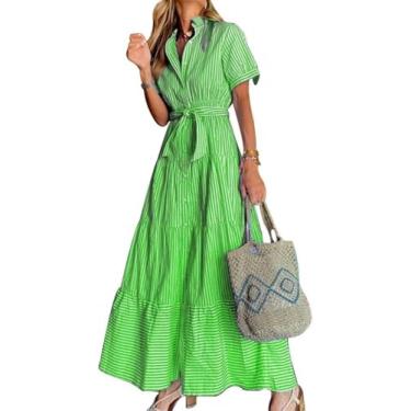 Imagem de Vestido Casual Solto Verão Elegante Casual Vestidos Femininos Para Mulheres Mostrar Figura Mistura De Algodão Único Breasted Stripe Camisa Vestido, Green, M