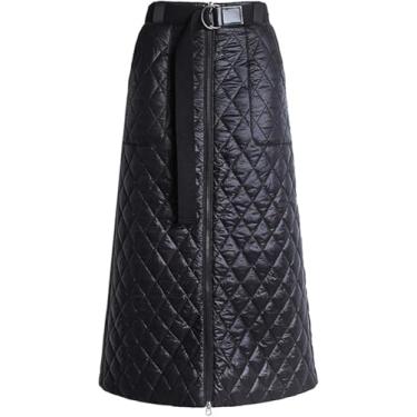Imagem de Saia Puffer Leve Para Mulheres Saia Acolchoada Quente Zíper Frontal Cintura Alta Longa, Black, XL