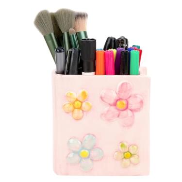 Imagem de BUNCHBRAVO Porta-lápis de cerâmica floral – Organizador de mesa de pétalas em relevo para pincéis de maquiagem, canetas e artigos de papelaria, penteadeira fofa e decoração de escritório para mulheres