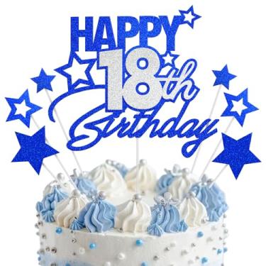 Imagem de Enfeite de bolo de feliz aniversário de 18 anos, decorações de bolo de aniversário de 18 anos, decorações de bolo de festa de feliz aniversário de 18 anos para meninos e meninas, azul prata