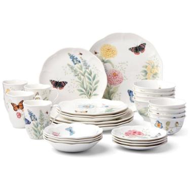 Imagem de Conjunto de Aparelho de Jantar com 28 Peças, Tema de Borboletas, Material de Porcelana e Formato Redondo, Lenox 865075, Branco Colorido