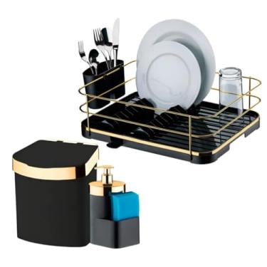 Imagem de Kit 3 pçs Escorredor de Louças Lixeira 2,5L E Porta Detergente Preto e Dourado