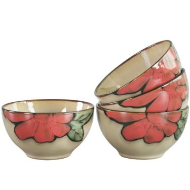 Imagem de jinsongdafa Conjunto de tigelas de cereais de cerâmica, 590 g, para molho, sopa, salada, macarrão, aveia, conjunto de 4 tigelas desenhadas à mão - conjunto de tigelas de creme de sobremesa de arroz