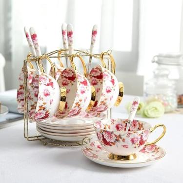 Imagem de GRFIT Caneca Britânica Floral Xícara de Chá Pires Conjunto de Colher Europa Cerâmica Xícara de Café 200ml Porcelana Avançada Café Xícara de Chá Drop Shipping Caneca de Café (Cor: 6 Xícaras n Suporte)