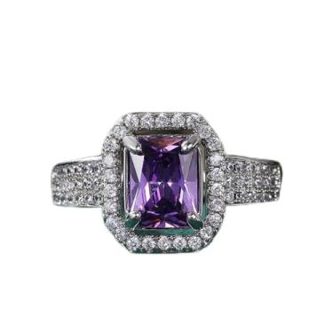 Imagem de Anéis de noivado de quatro garras com zircônia cúbica quadrada roxa banhada a ouro branco, alianças de compromisso, festas noturnas, presentes de dia dos namorados, alianças de eternidade para