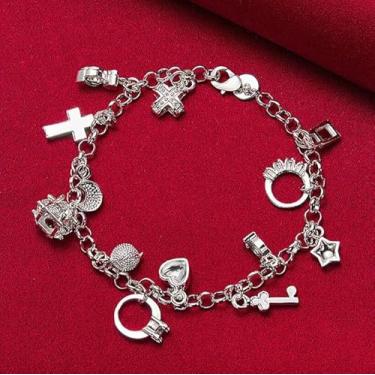 Imagem de Pulseira feminina com pingente celestial de liga de prata com pingente de 13 peças com cruz, lua e estrelas, pulseira moderna ajustável, presente exclusivo
